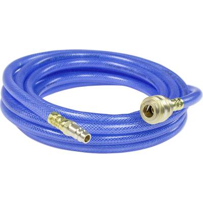 Blauwe luchtslang met messing aansluitingen, opgerold. Geschikt voor pneumatische gereedschappen en compressoren.