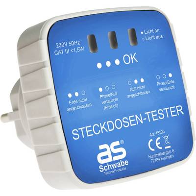 Een blauwe stopcontacttester toont met LED-indicatoren de juiste bedrading (OK) en mogelijke bedradingsfouten zoals ontbrekende aarding.
