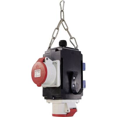 Industriële combistekker aan een ketting hangend, met zwarte behuizing en rode draaischakelaar, geschikt voor elektrische installaties.