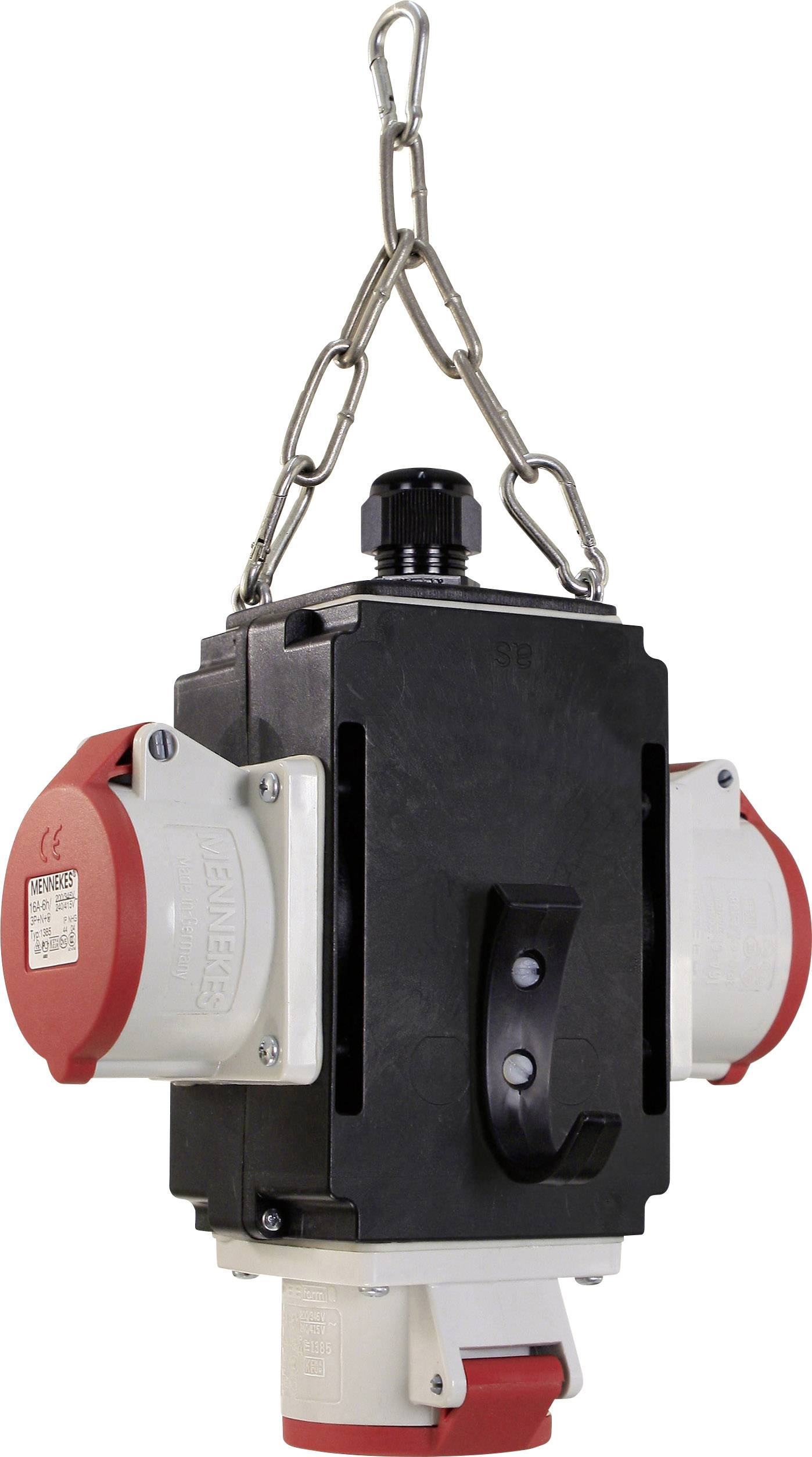 'Industriële stekkerdoos met vier stopcontacten, zwart en rood, met kettingbevestiging.'