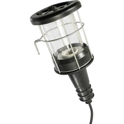Een draagbare werklamp met beschermroosters en zwarte handgreep, geschikt voor gebruik buitenshuis of in werkplaatsen.