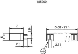 Technische tekening van een stekker met afmetingen: 7 mm lengte, 5 mm hoogte, 2,5 mm breedte. Afstand tussen pinnen 2,54 mm.