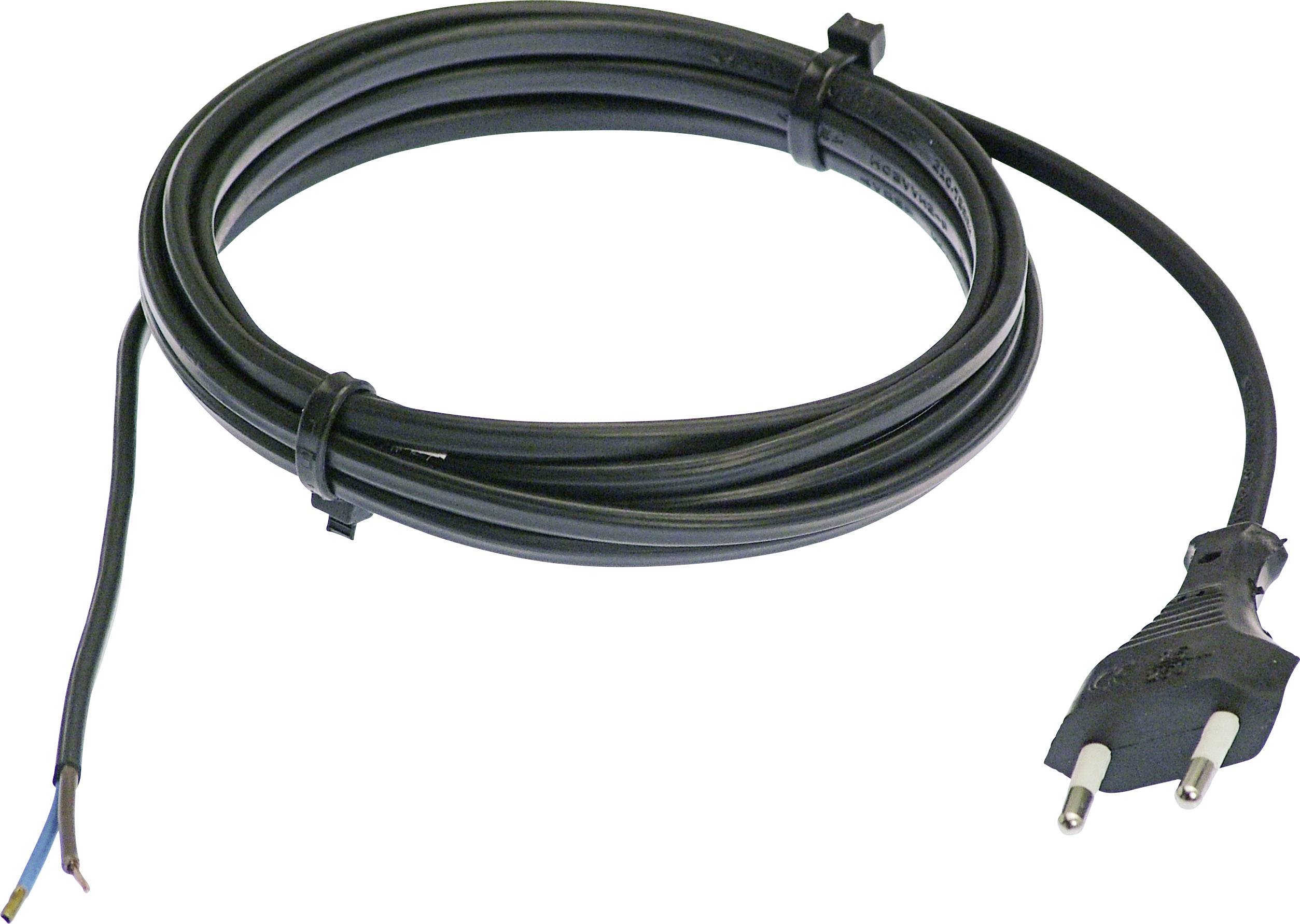 Een zwart stroomsnoer met een Europlug aan de rechterkant en ontblote draden aan de linkerkant, opgerold en vastgemaakt met kabelbinders.