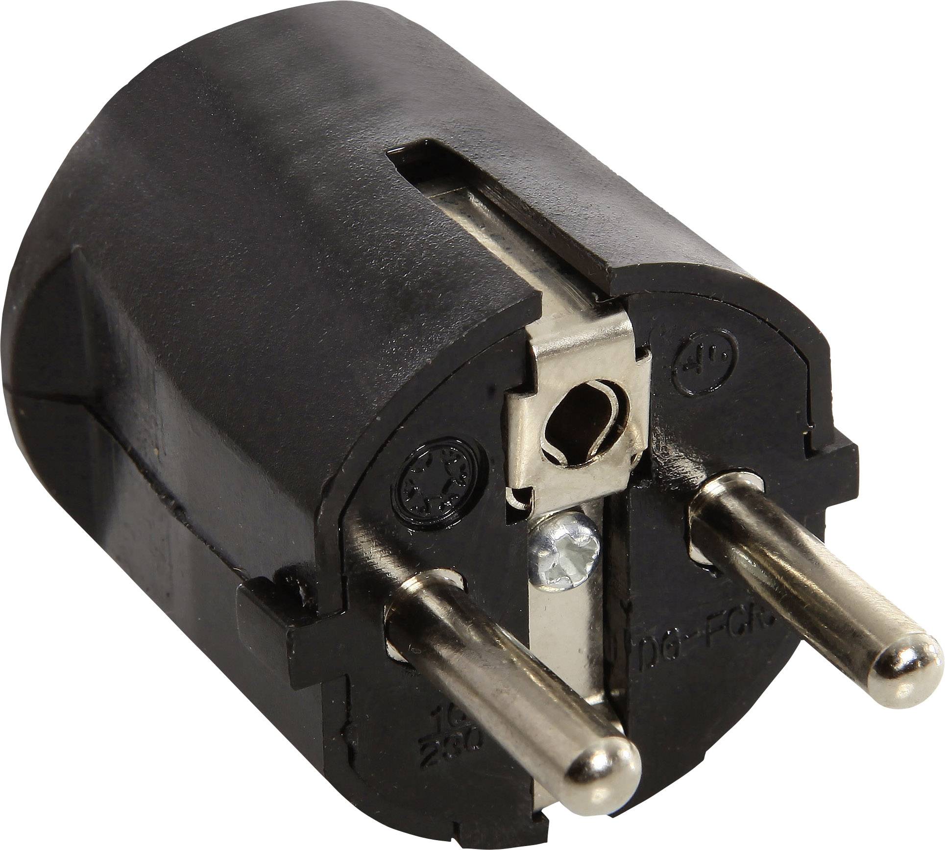 Een zwarte Euro-stekkeradapter met twee metalen pennen.