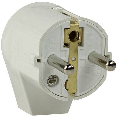 'Witte Schuko-stekker met twee metalen pennen in een kunststof behuizing, geschikt voor Europese stopcontacten.'