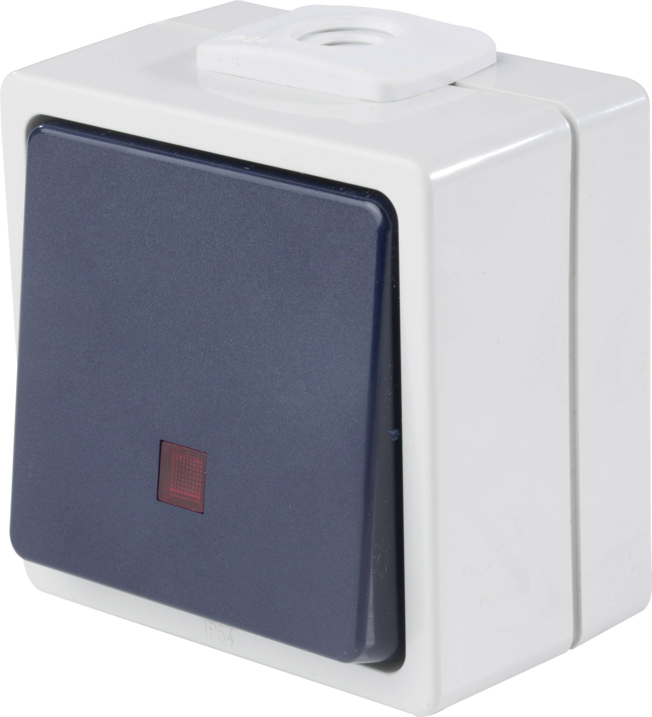 Een witte, vierkante wandschakelaar met een zwart oppervlak dat licht is ingedrukt en een klein rood indicatorlampje in het midden.