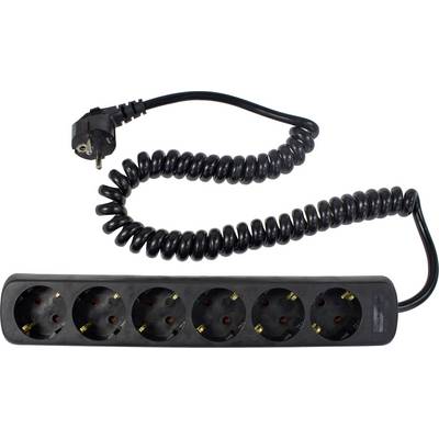 Zwarte stekkerdoos met zes aansluitingen en een spiraalvormige, flexibele kabel.