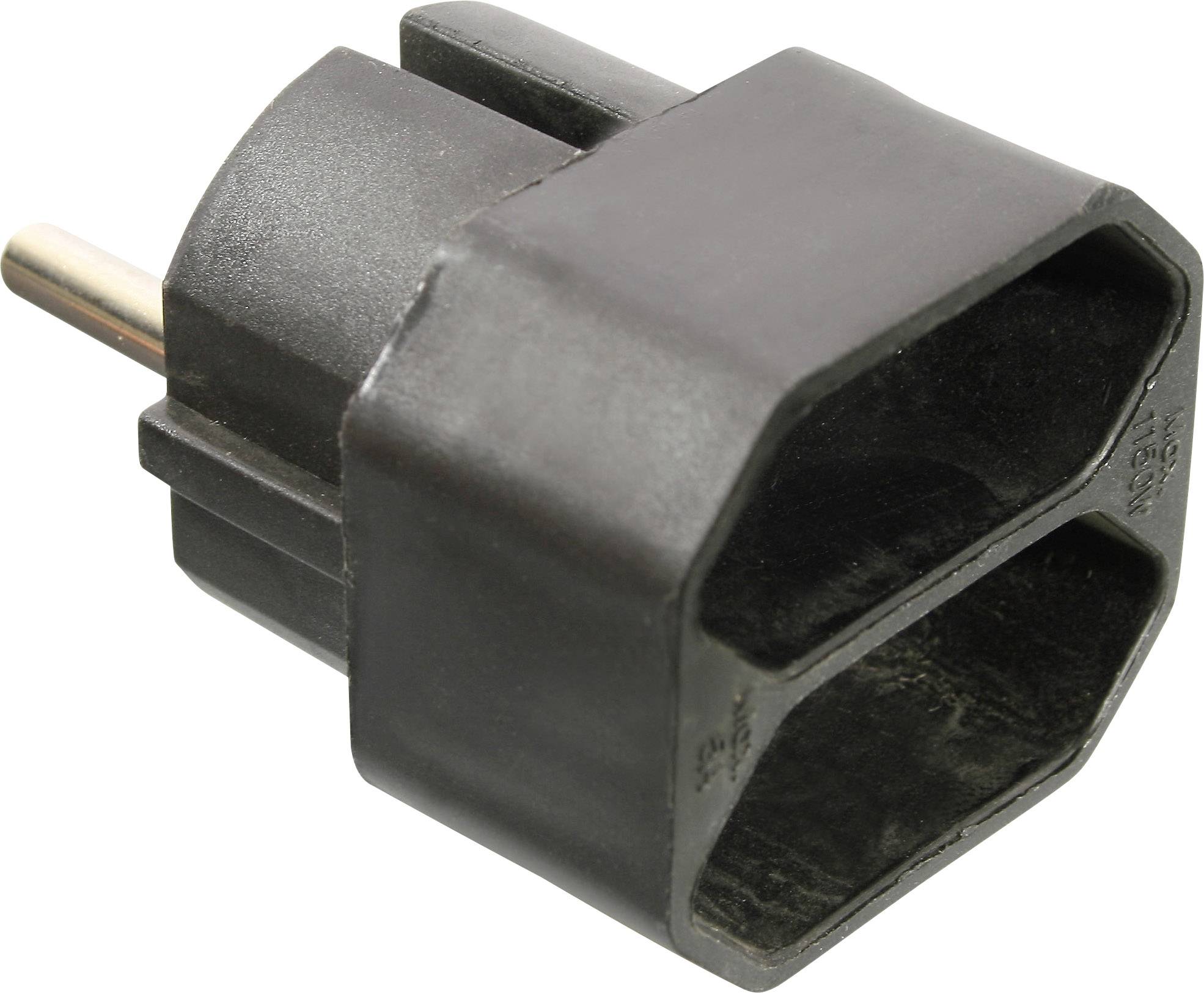 Een zwarte adapter met een rond en een plat uiteinde, die doorgaans wordt gebruikt als reisadapter of stekkeradapter.