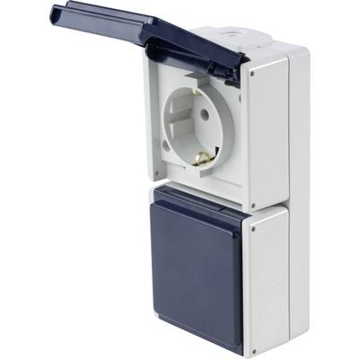 Witte elektrische wandcontactdoos met een blauwe beschermkap die openstaat. Geschikt voor buitengebruik of vochtige omgevingen.