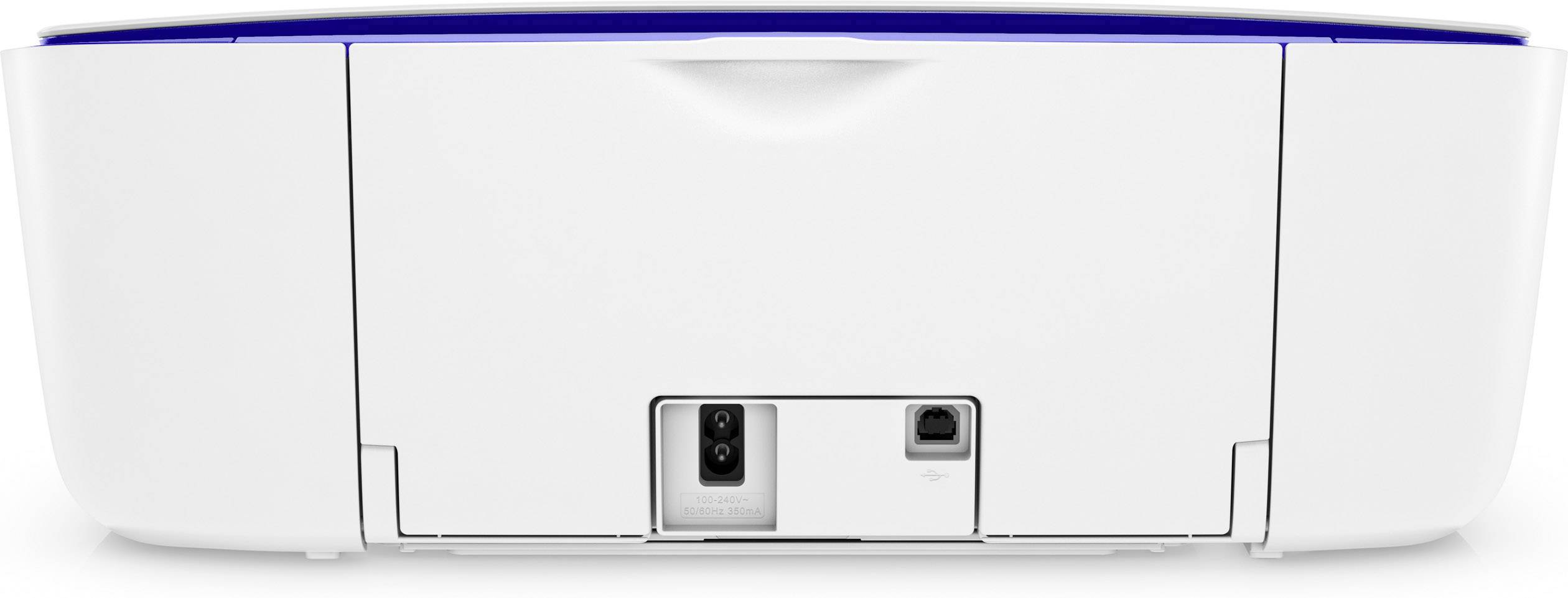 Een witte printer gezien van achteren, met stroom- en USB-aansluitingen in het midden van de behuizing.