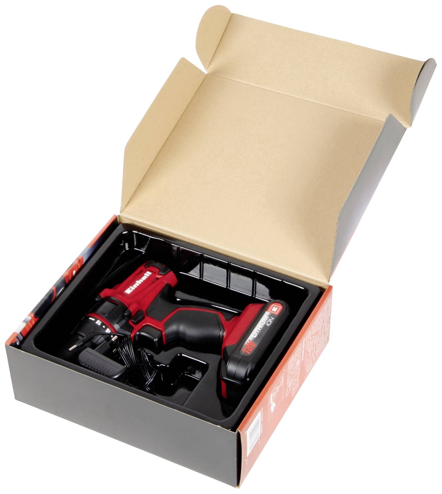 Accuboor in een geopende verpakking, toont de rode accuboor met batterij. Ideaal voor doe-het-zelfprojecten, compact en draagbaar.