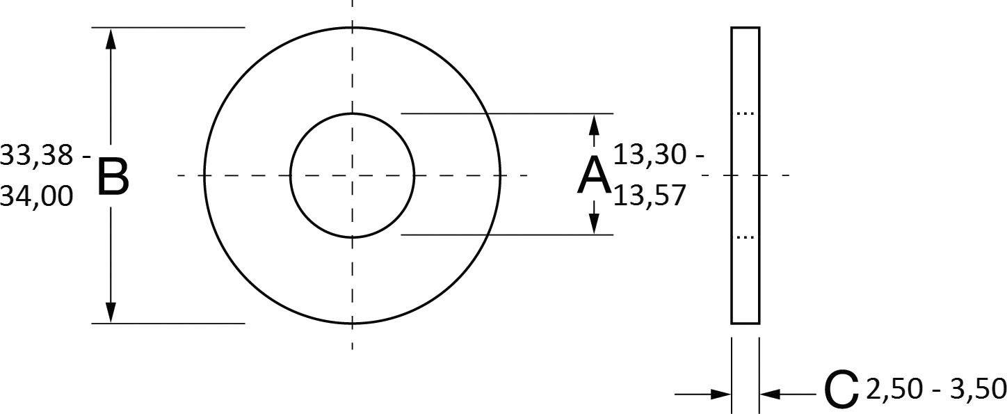 Technische tekening van een rond onderdeel met twee aanzichten. Buitendiameter: 33,38 tot 34,00 mm (B), binnendiameter: 13,30 tot 13,57 mm (A), dikte: 2,50 tot 3,50 mm (C).
