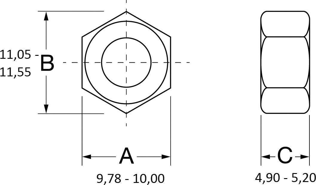 Technische tekening van een zeskantmoer met afmetingen: A = 9,78-10,00 mm, B = 11,05-11,55 mm, C = 4,90-5,20 mm.