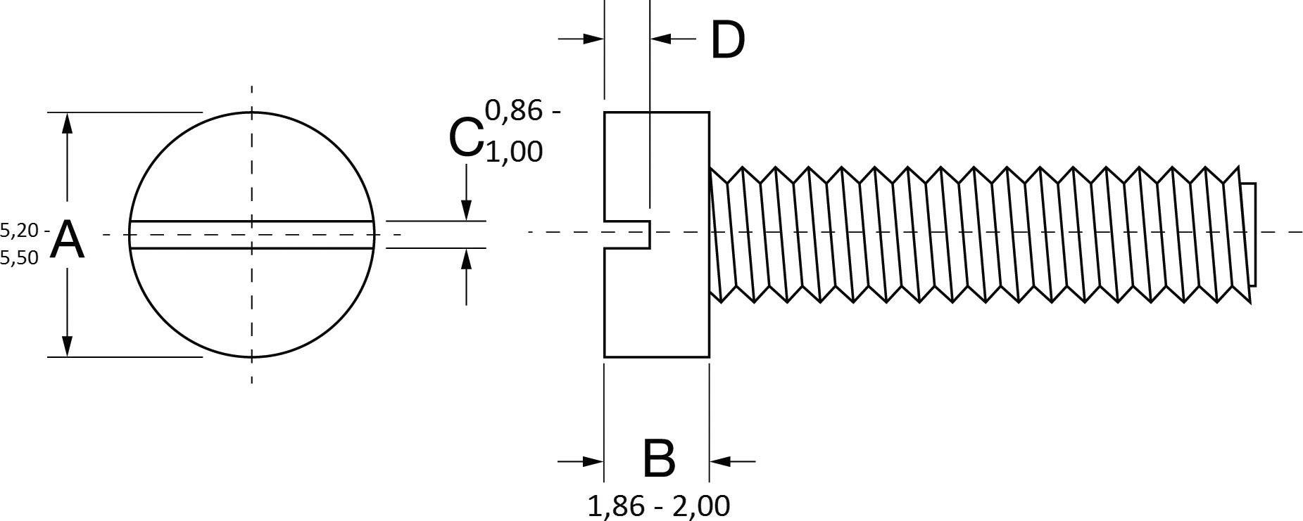 Technische tekening van een schroef. Links: bovenaanzicht met afmetingen A (5,20-5,50) mm. Rechts: zijaanzicht met afmetingen B, C, D.