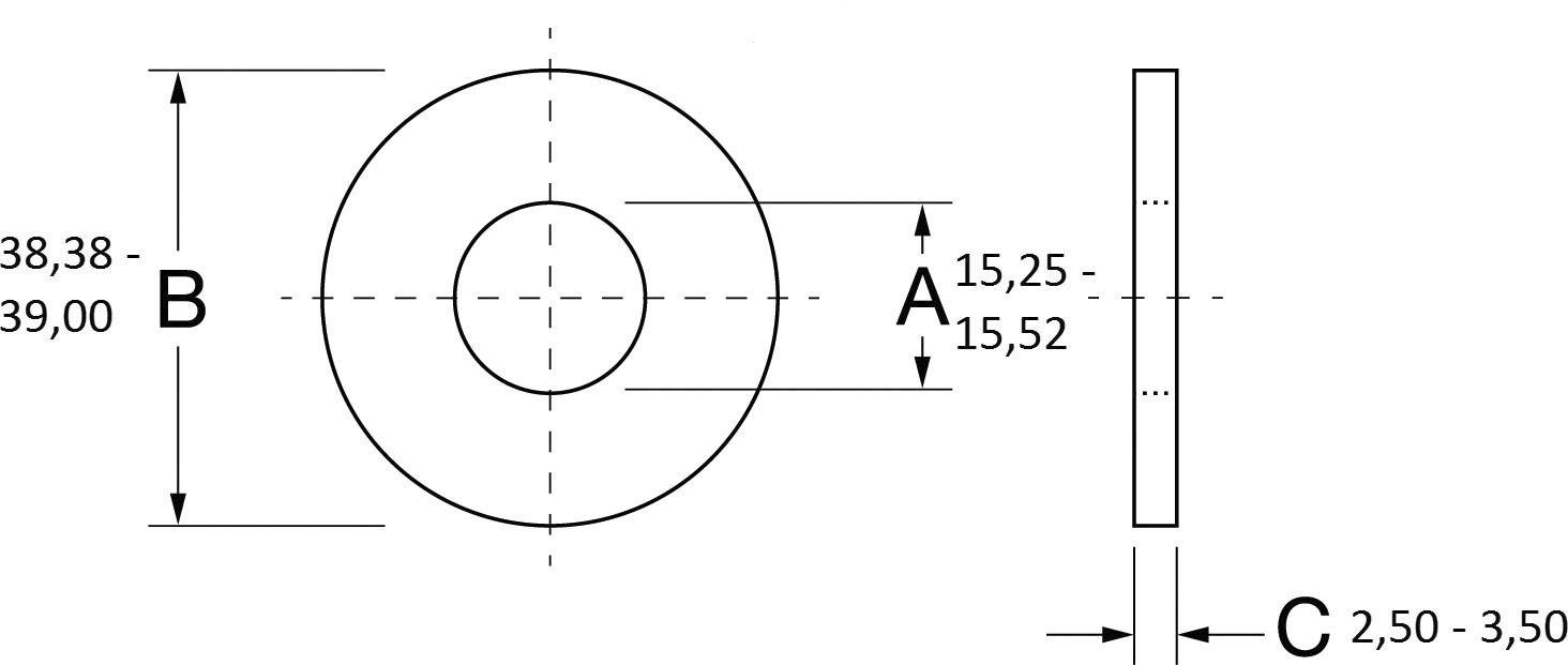 Technische tekening van een ronde schijf. Diameter B: 38,38-39,00 mm. Binnendoorsnede A: 15,25-15,52 mm. Dikte C: 2,50-3,50 mm.