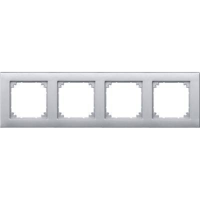 Viervoudige, grijze wandcontactdoos zonder inzetstukken, rechthoekig met licht afgeronde hoeken, voor wandmontage.