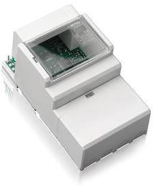 Elektronische tellermodule in een wit behuizing met een transparante deksel, toont de interne schakelingonderdelen. Geschikt voor energiebewaking.
