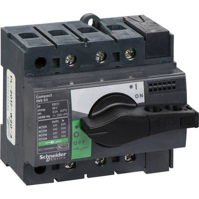 Vermogensschakelaar van Schneider Electric, model 'Compact INS 63', schakelaar staat op 'UIT'. Grijs behuizing met zwarte en groene markeringen.