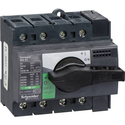 'Schneider Electric Compact INS 63' lastscheider, 63A, zwart, met aan/uit-schakelaar en technische details op het etiket.