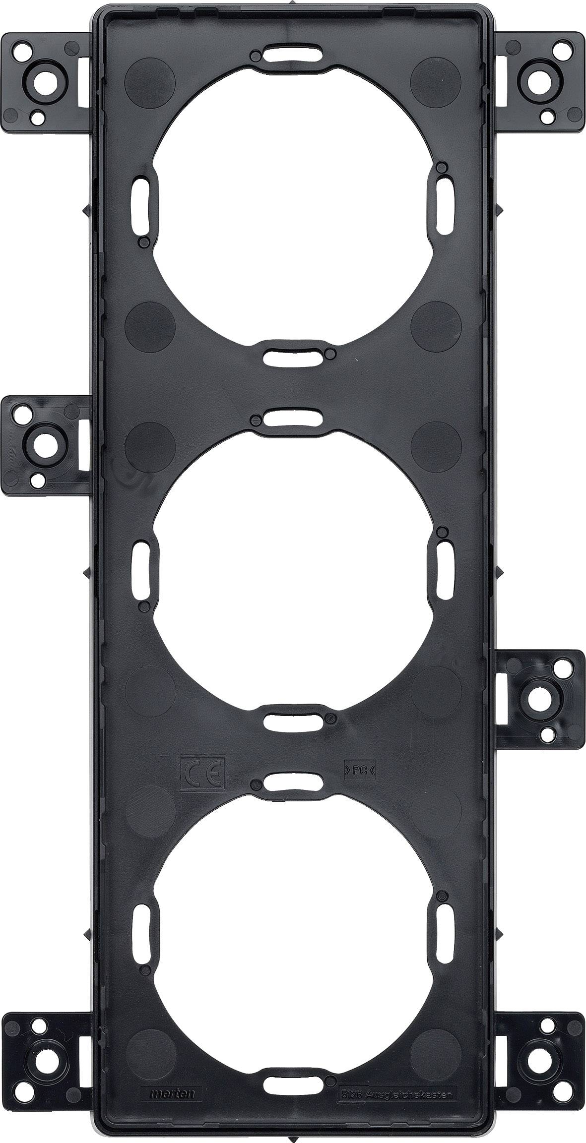 Kunststof frame met drie ronde openingen die worden gebruikt voor de montage van schakelaars of stopcontacten in een muur.