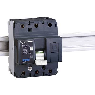 Een vermogensschakelaar van Schneider Electric gemonteerd op een rail, geschikt voor 600 V en 125 A.