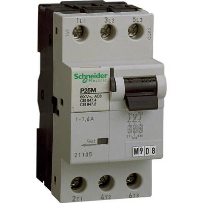Een driefasige vermogensschakelaar van Schneider Electric, model P25M, voor de beveiliging van elektrische circuits, met testknop.