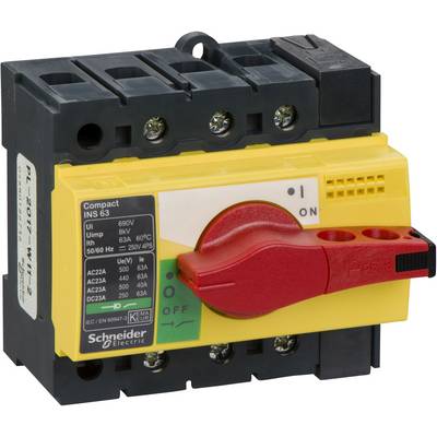 Een gele en zwarte hoofdschakelaar van Schneider Electric met een rode draaihandgreep. Markering: 'I' voor Aan en '0' voor Uit.