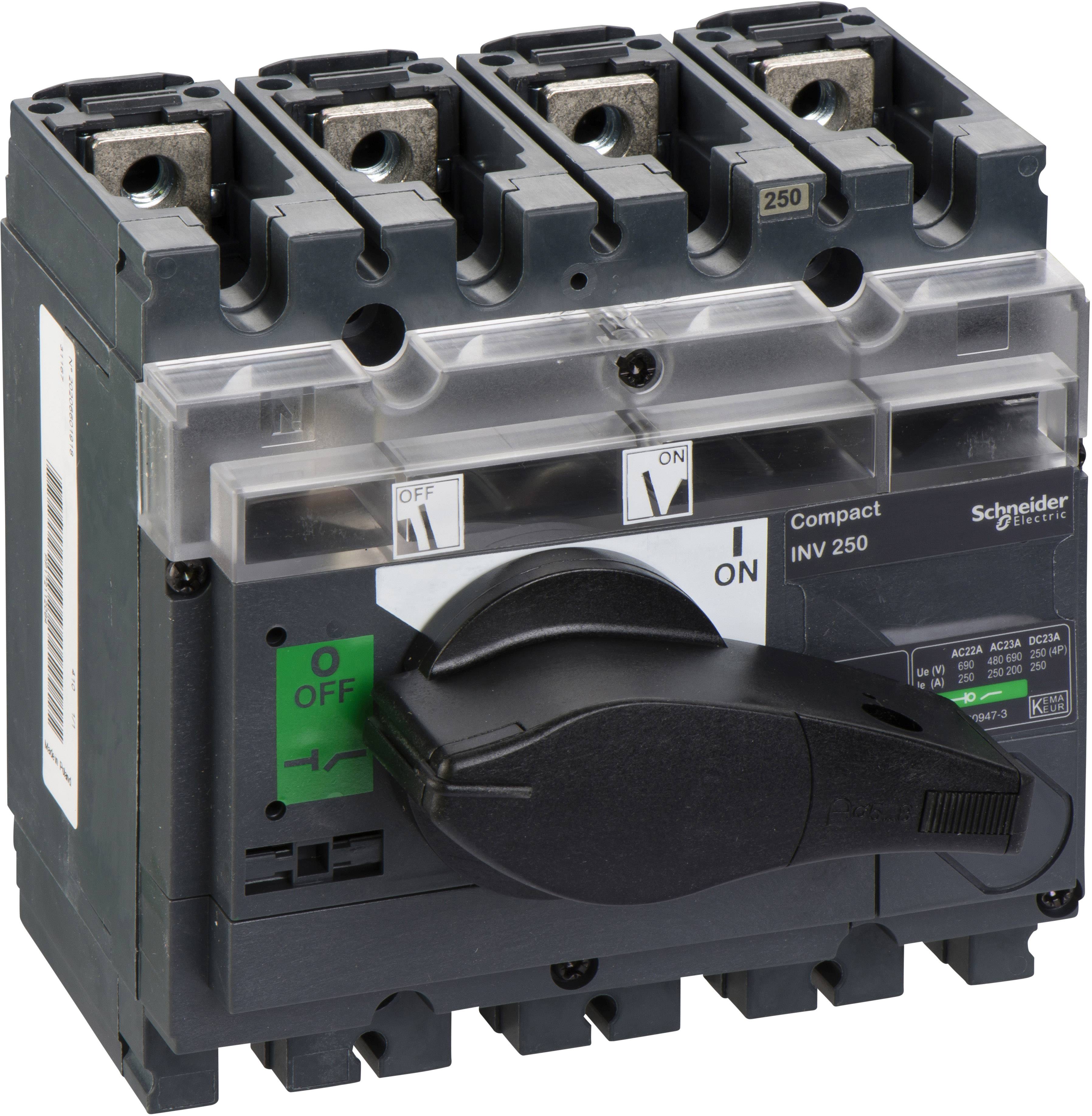 Een driefasige vermogensschakelaar met zwarte tuimelschakelaars, gemarkeerd met 'ON' en 'OFF', voor het besturen van elektrische circuits.