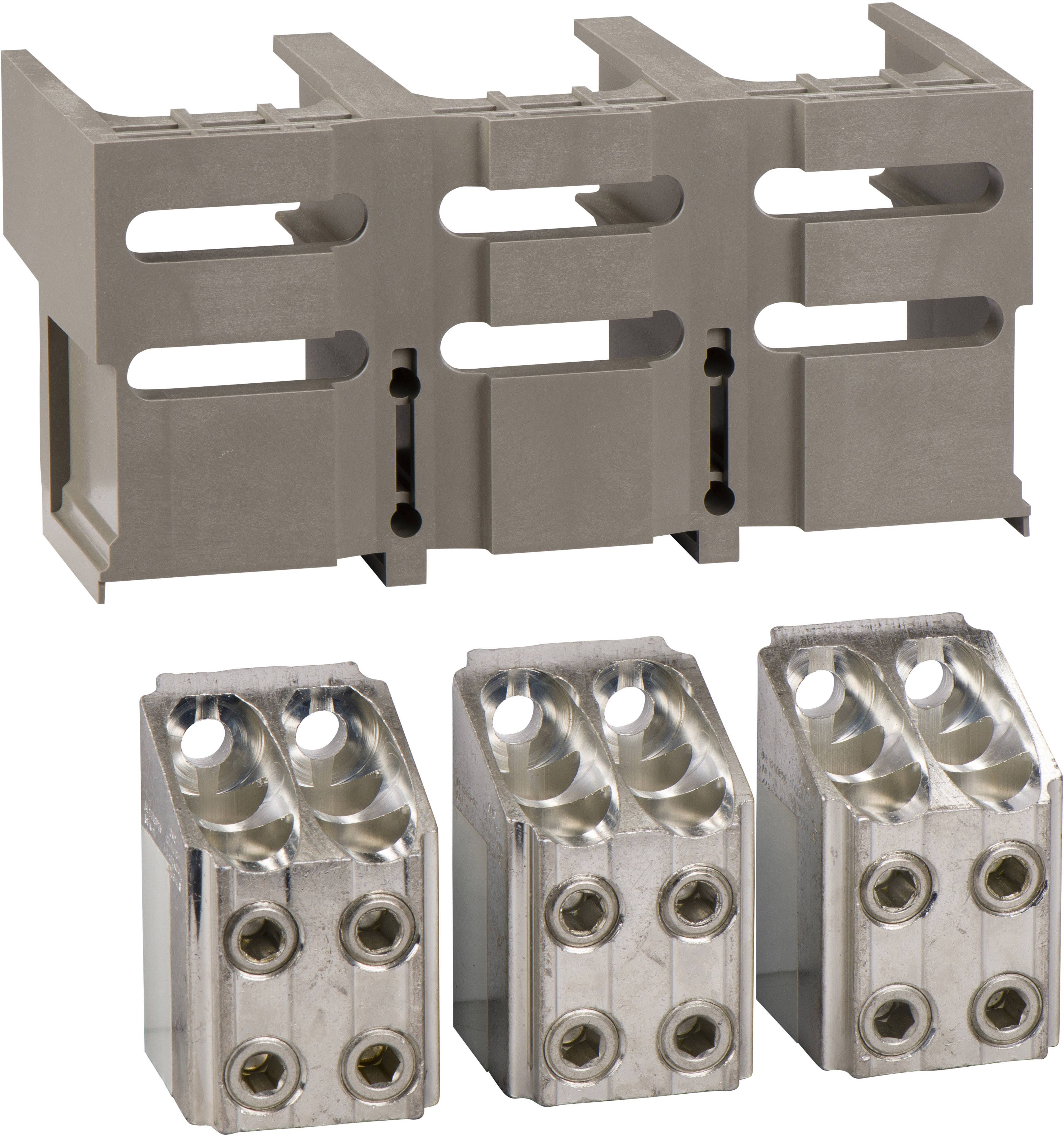 'Aansluitklemmenblok 64 mm met drie afzonderlijke metalen steekcontacten, 3 draadmaat 2,5 tot 10 mm², 2 draadmaat 4 tot 16 mm²'.