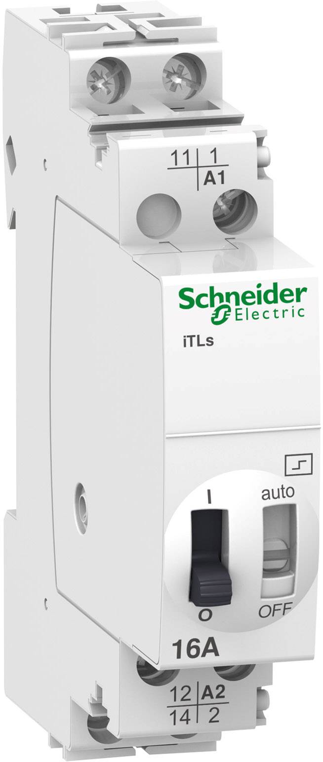 Een witte elektrische schakelaar van Schneider Electric met 16A-markering. Hij heeft instellingen voor handbediening en automatische modus.