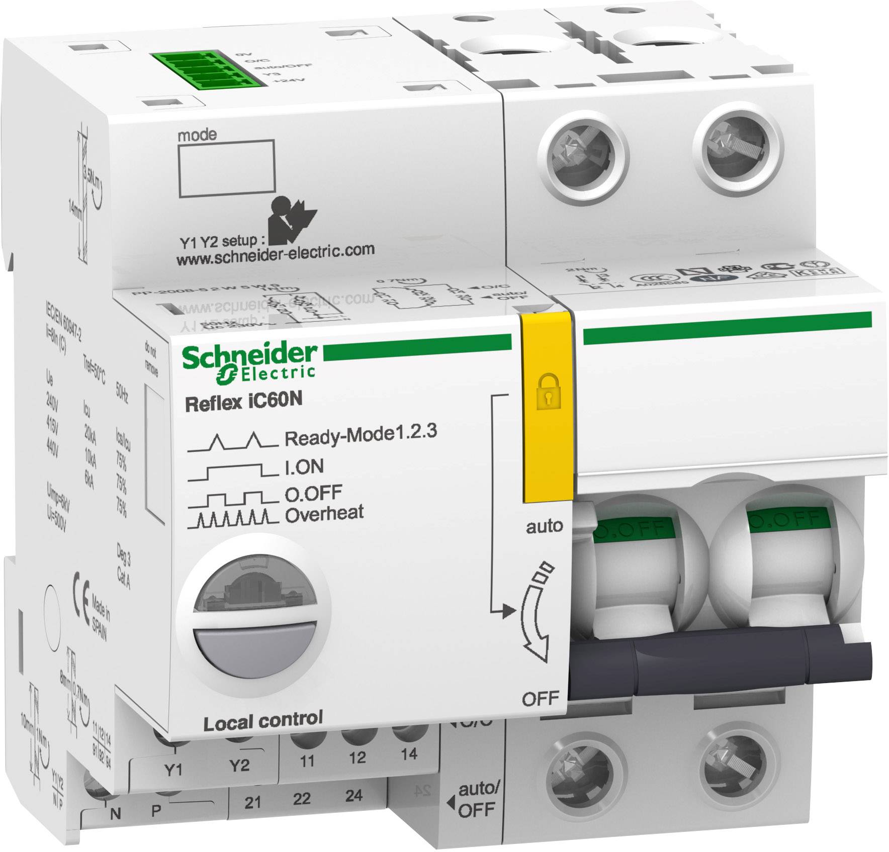 'Schneider Electric Reflex iC60N', een elektrische beveiligingsschakelaar met besturings- en bewakingsfuncties.