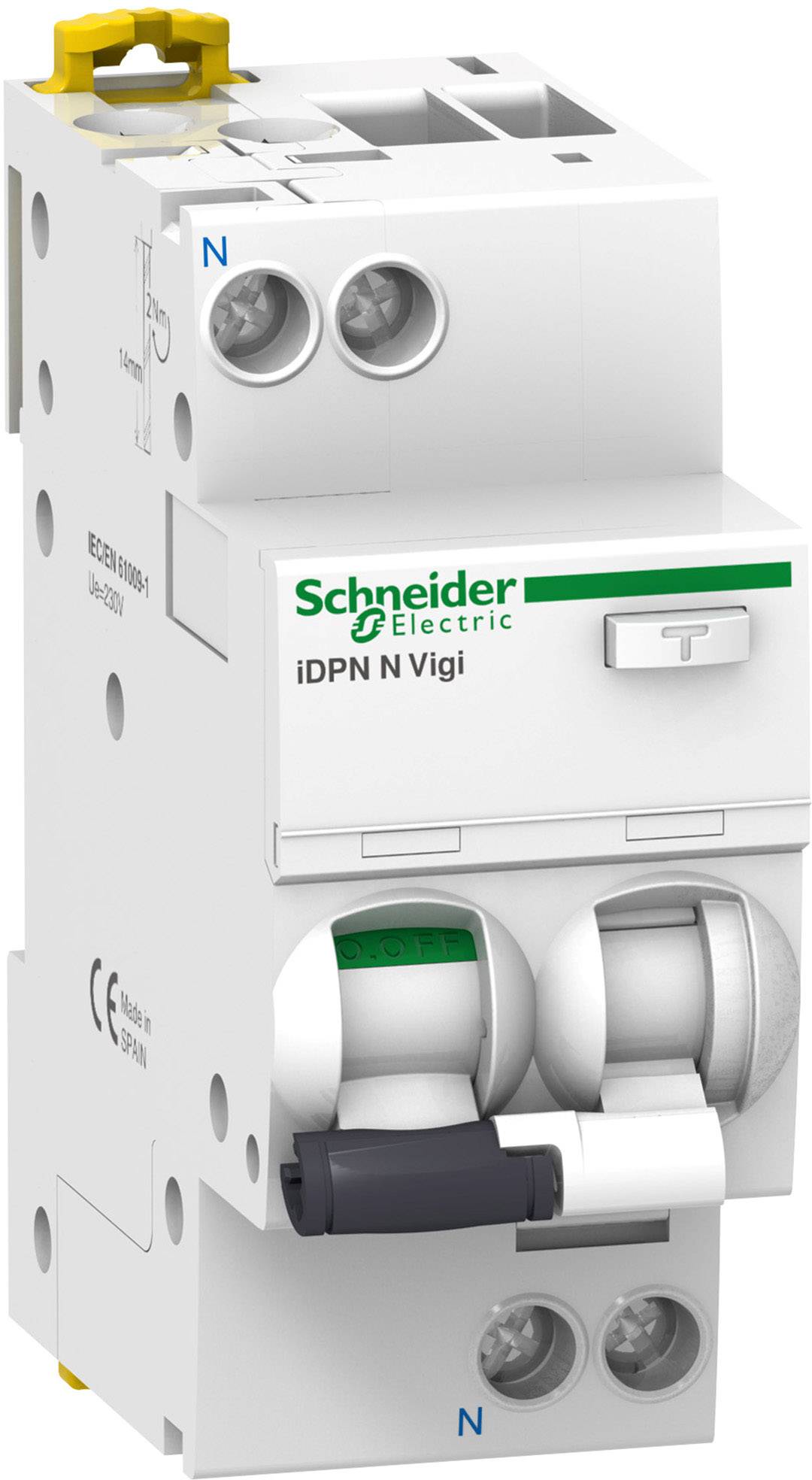 Elektrische aardlekautomaat van Schneider Electric, model 'iDPN N Vigi', met verschillende aansluitingen en het merklabel.