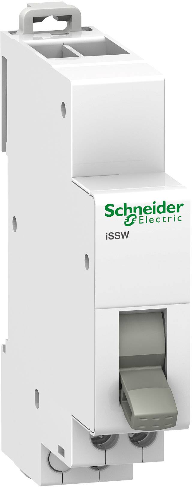 Een elektrische veiligheidsschakelaar van het merk Schneider Electric, verticaal aanzicht, met groen bedrijfslogo en grijze hendel op een wit behuizing.