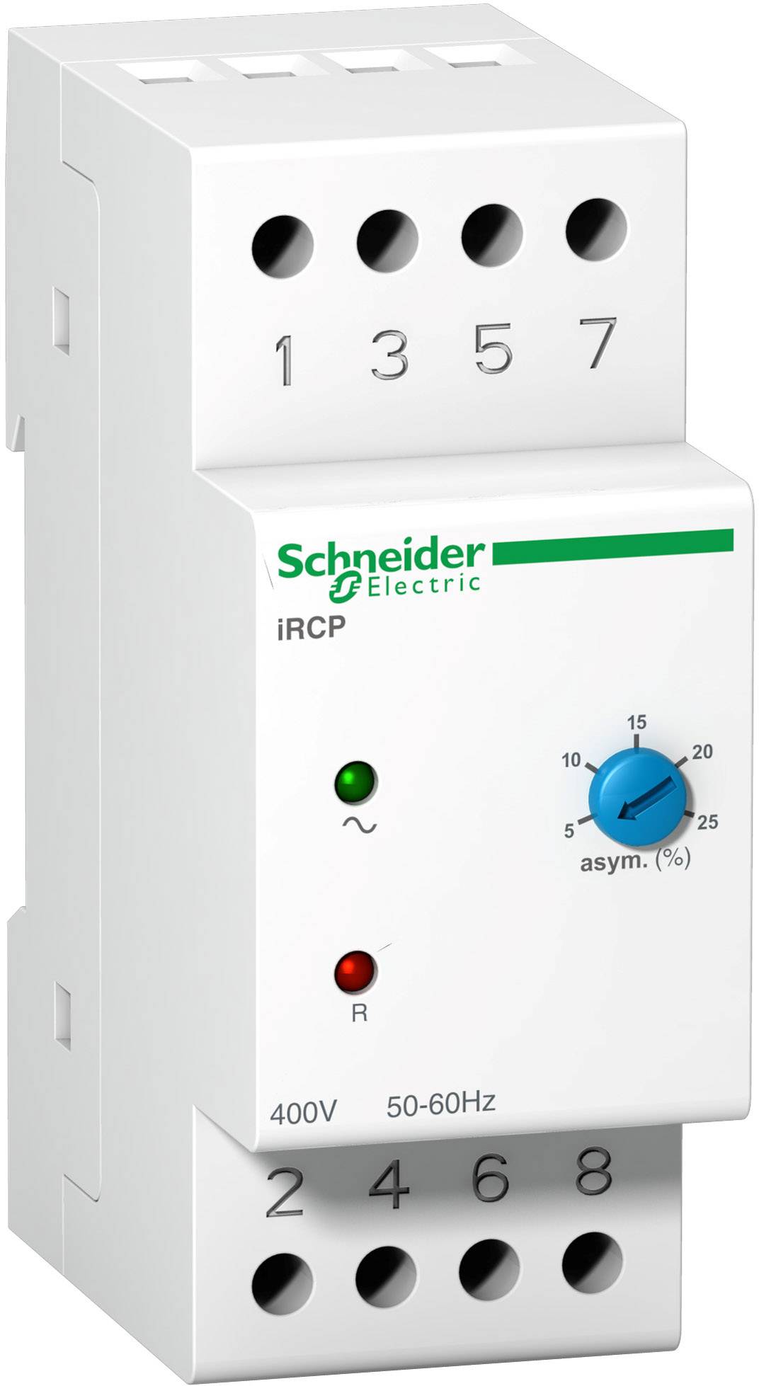 Een fasebewakingsrelais van Schneider Electric met groene opdruk, twee LED's, een blauwe instelknop en vijf aansluitklemmen.