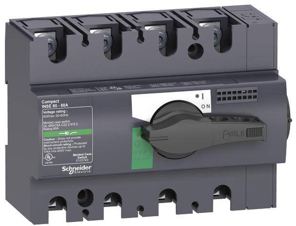 De vermogensschakelaar Schneider Electric Compact NSX80 geeft de status 'ON' aan. Geschikt voor spanningen 690V-50/60Hz, nominale stroom 80A.
