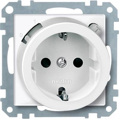 Witte stopcontact met randaarde en schroefbevestiging, omgeven door een metalen montageframe.