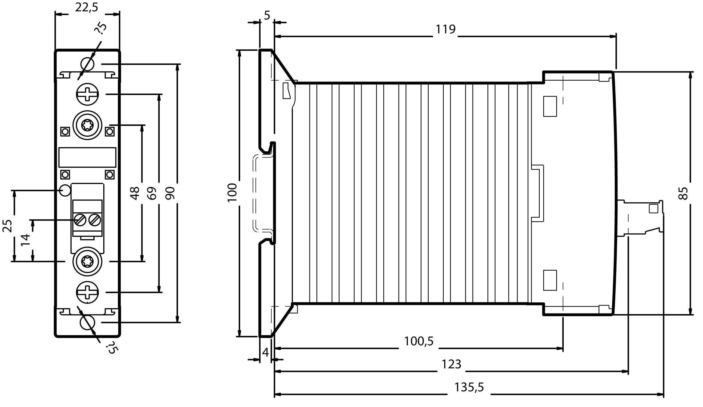 Technische tekening van een apparaat met afmetingen. Toont voor- en zijaanzicht. Belangrijke maten: 135,5 mm lengte, 100 mm hoogte.