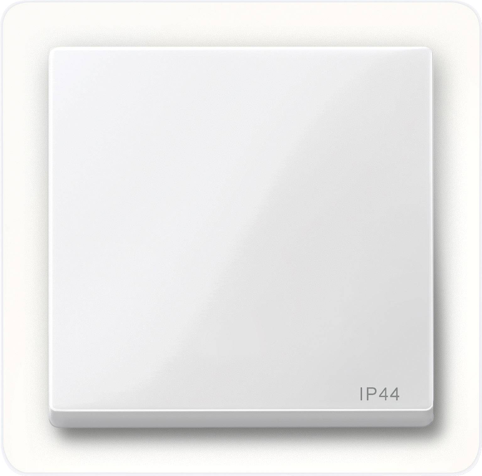 Een witte lichtschakelaar met afgeronde rand, gemarkeerd met 'IP44', geschikt voor vochtige omgevingen.