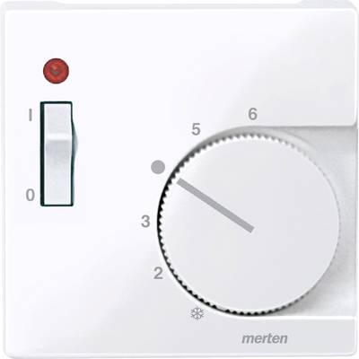 Thermostaat-draaiknop met schaal van 0 tot 6, staat ingesteld op 3. Schakelaar links met standen 0 (uit) en 1 (aan), rode controlelamp bovenaan.