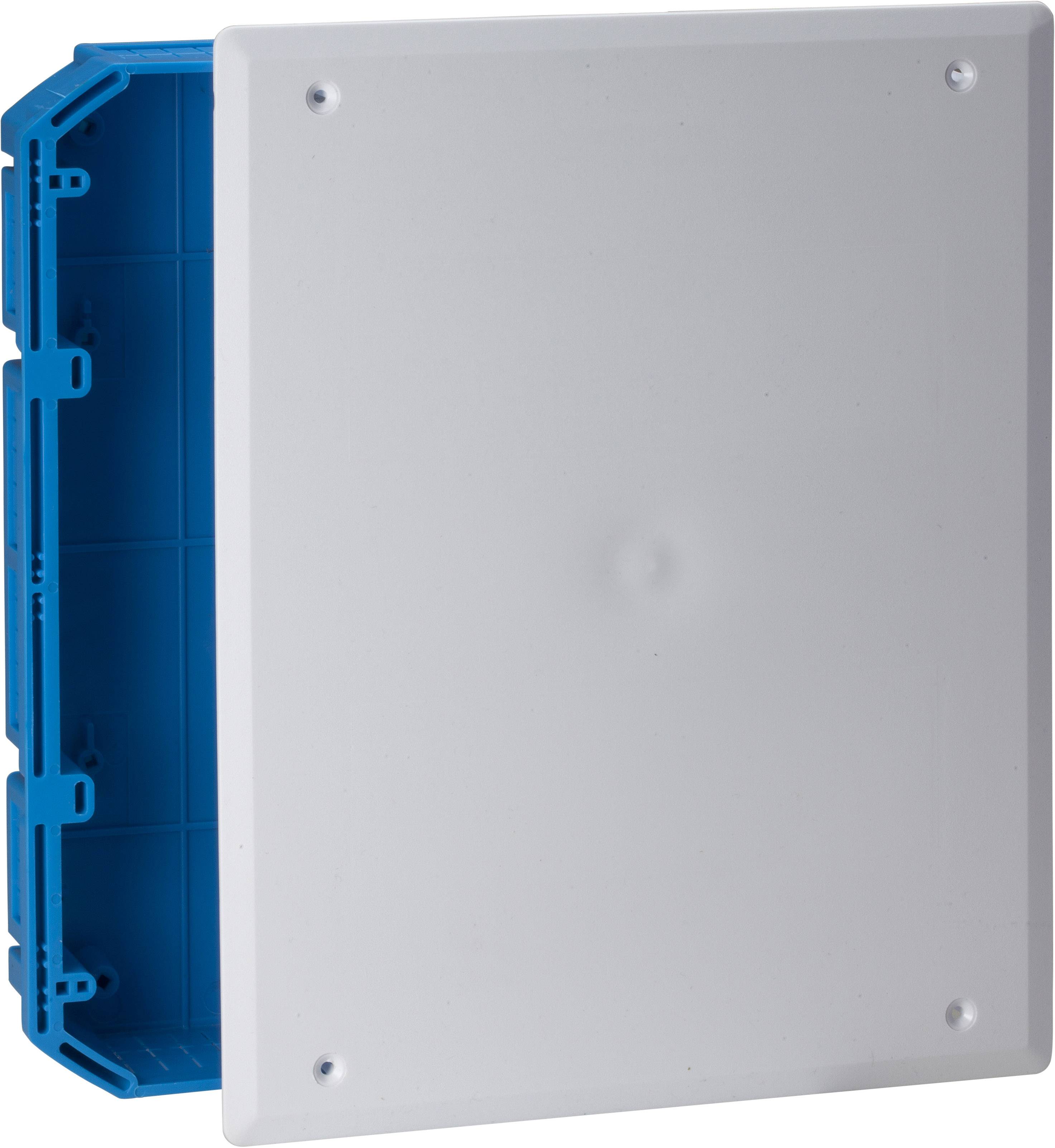 Een rechthoekige, witte plastic deksel op een blauwe behuizingsrand, geschikt voor het afdekken van elektrische aansluitingen.