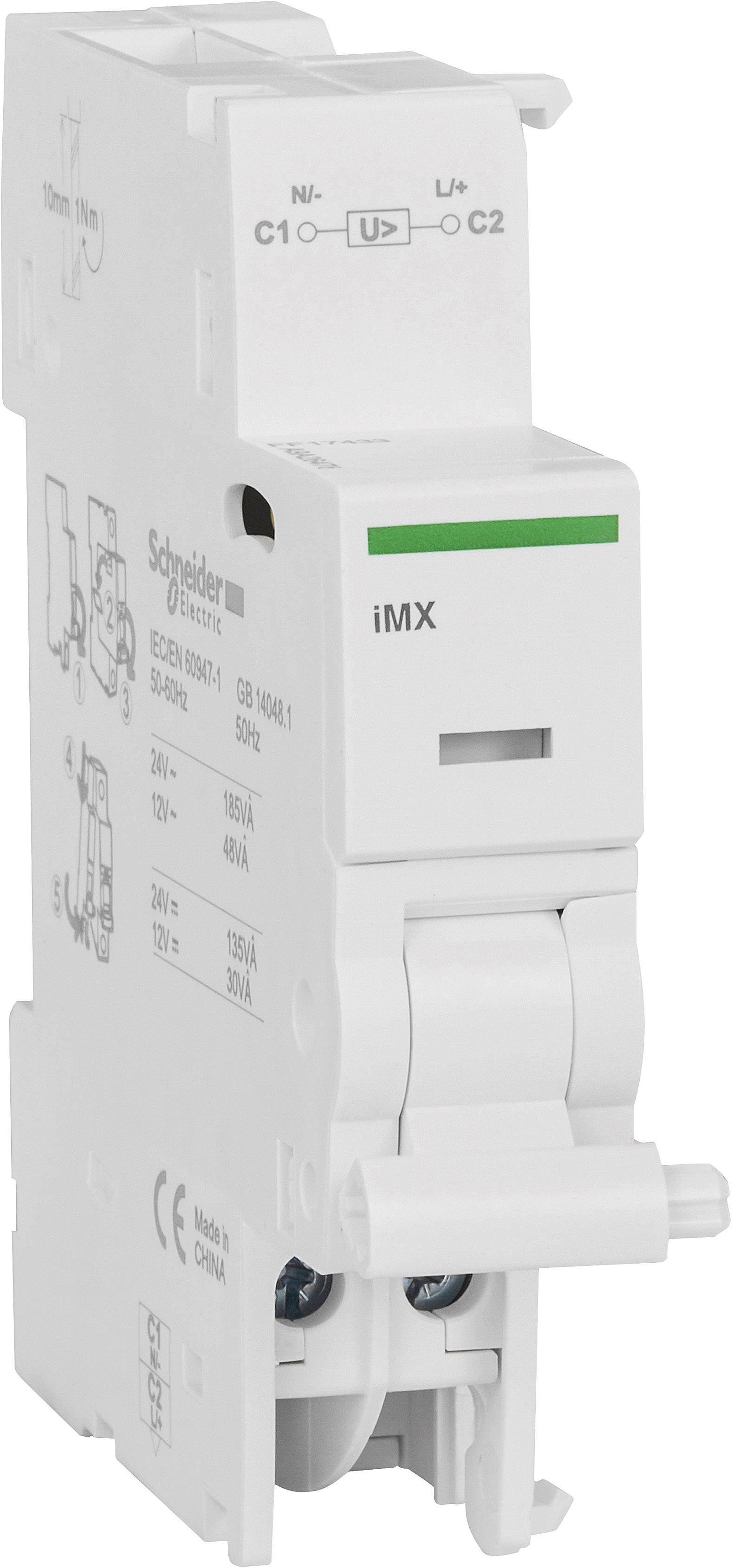 Een witte elektrische schakelaar van Schneider Electric met het opschrift 'iMX' aan de voorzijde. Hij beschikt over meerdere aansluitingen bovenaan.