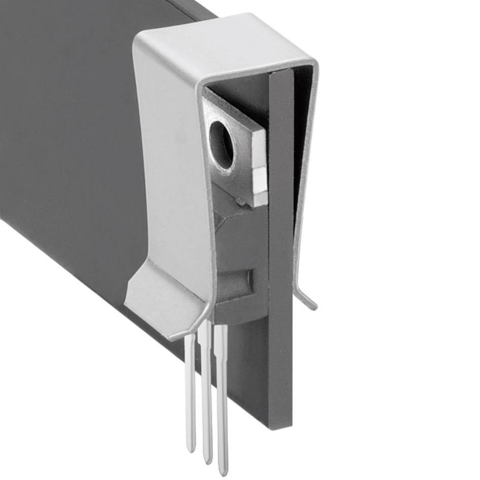 Een elektronisch onderdeel met een metalen behuizing en drie uitstekende draadaansluitingen. Wordt gebruikt voor elektronische schakelingmontage.