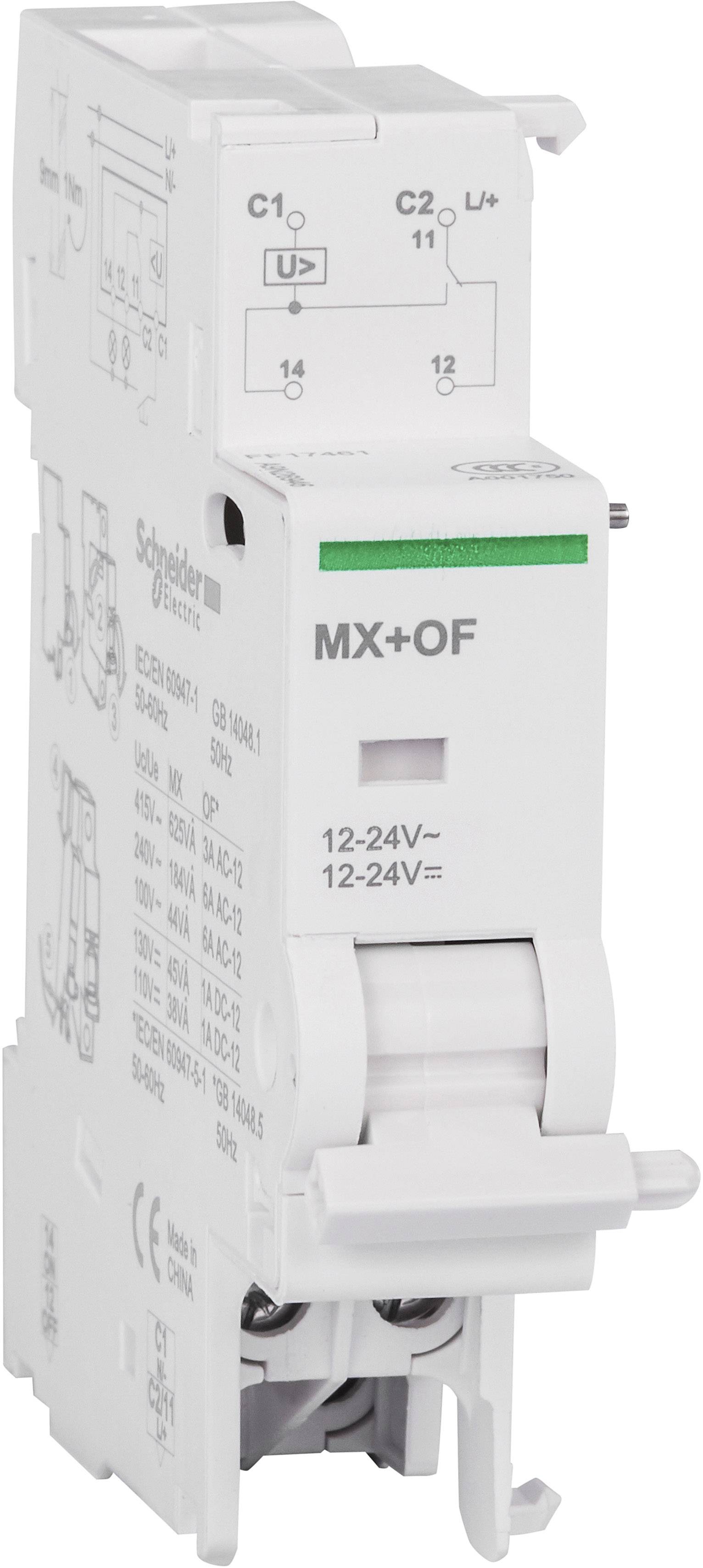 Een elektrische module van Schneider Electric met opschrift 'MX+OF' en gegevens voor spanning '12-24V'. Geschikt voor montage in schakelborden.