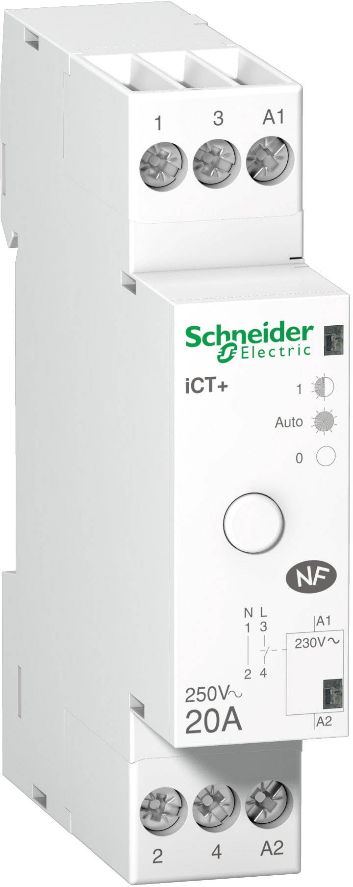 Een witte 20A-timer van Schneider Electric, model iCT+, voor montage op DIN-rail, met handmatige schakelaar en spanning van 230V.