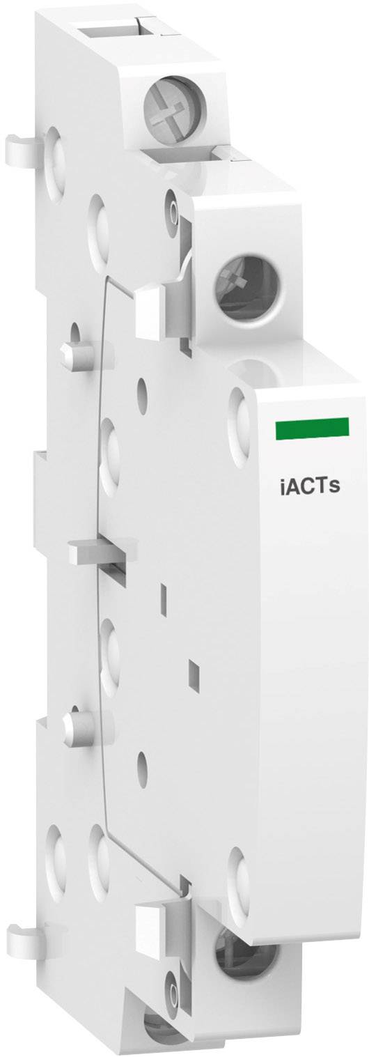 Witte elektrische schakelaar met het opschrift 'iACTs', aan de zijkant getoond met schroefbevestigingen en een groene markering bovenaan.