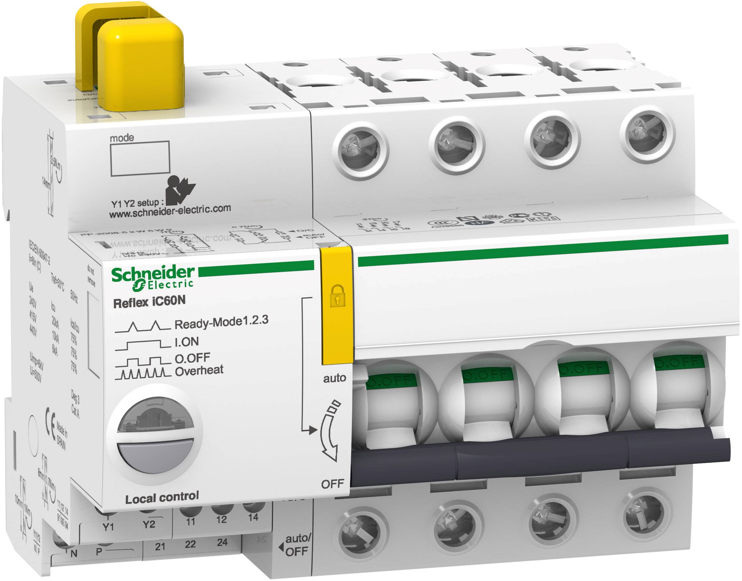 Elektrische installatieautomaat van Schneider Electric met instelbare schakelaars en controlelampjes voor oververhittingsbeveiliging.