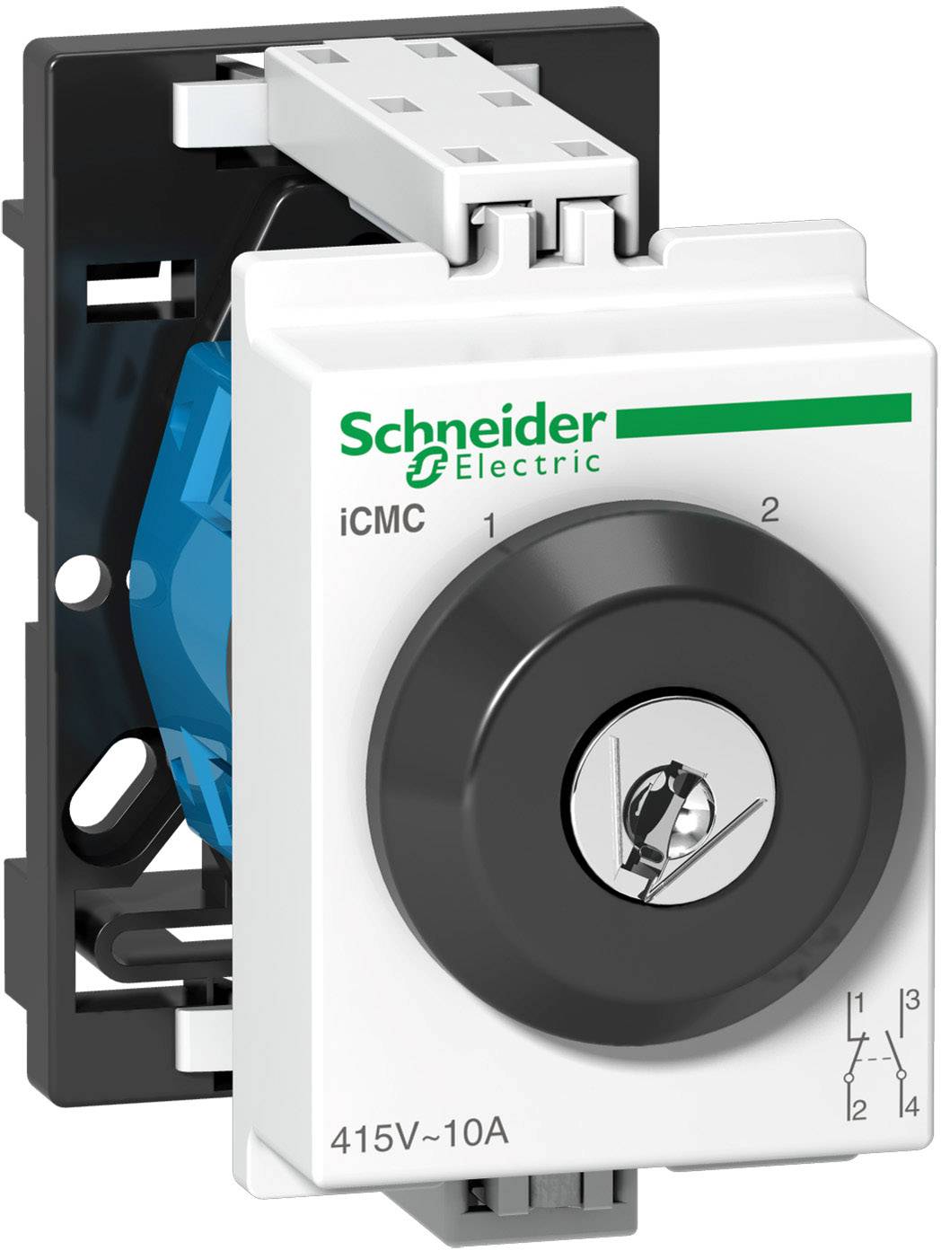 'Schneider Electric' iCMC schakelaar, 415V, 10A. Wit behuizing, zwarte draaiknop, nummers 1 en 2 gedrukt.