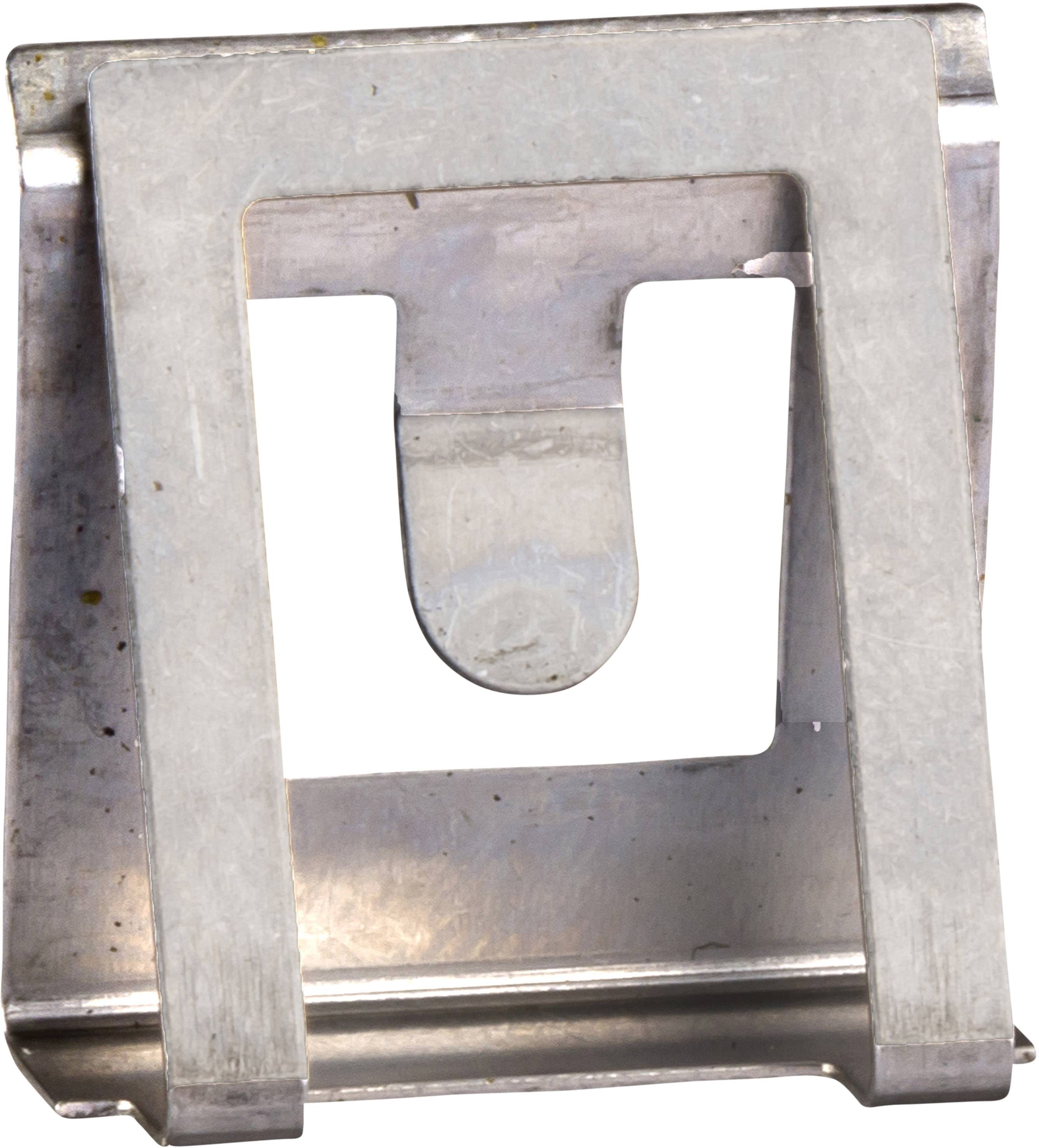 Een zilveren metalen clip met een U-vormige opening in het midden, waarschijnlijk bedoeld om voorwerpen aan een vast oppervlak te bevestigen.