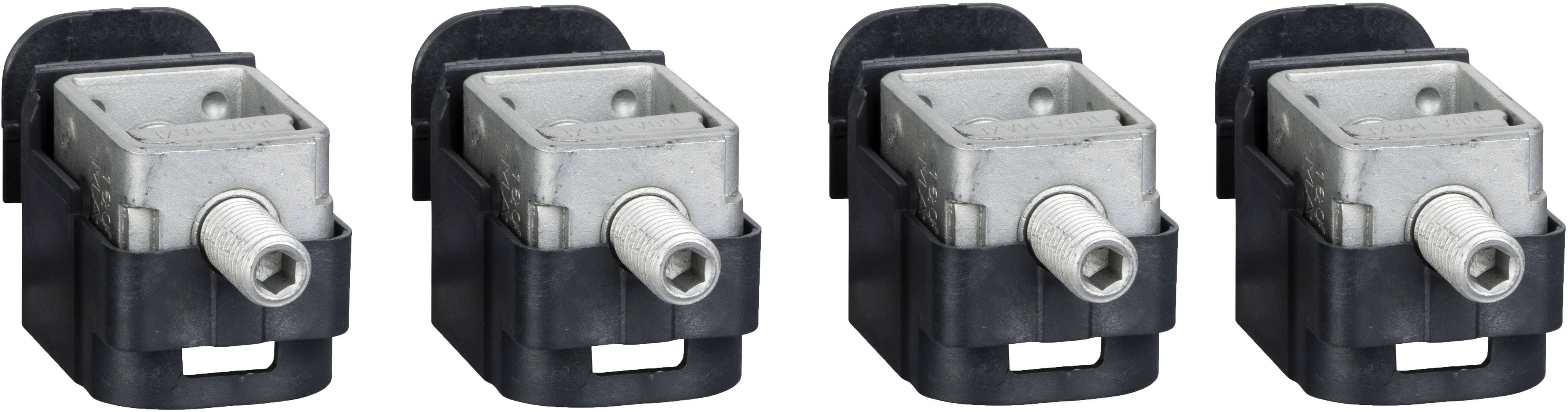 Vier identieke elektrische stekkers op een rij, bestaande uit metalen en zwarte kunststof componenten.