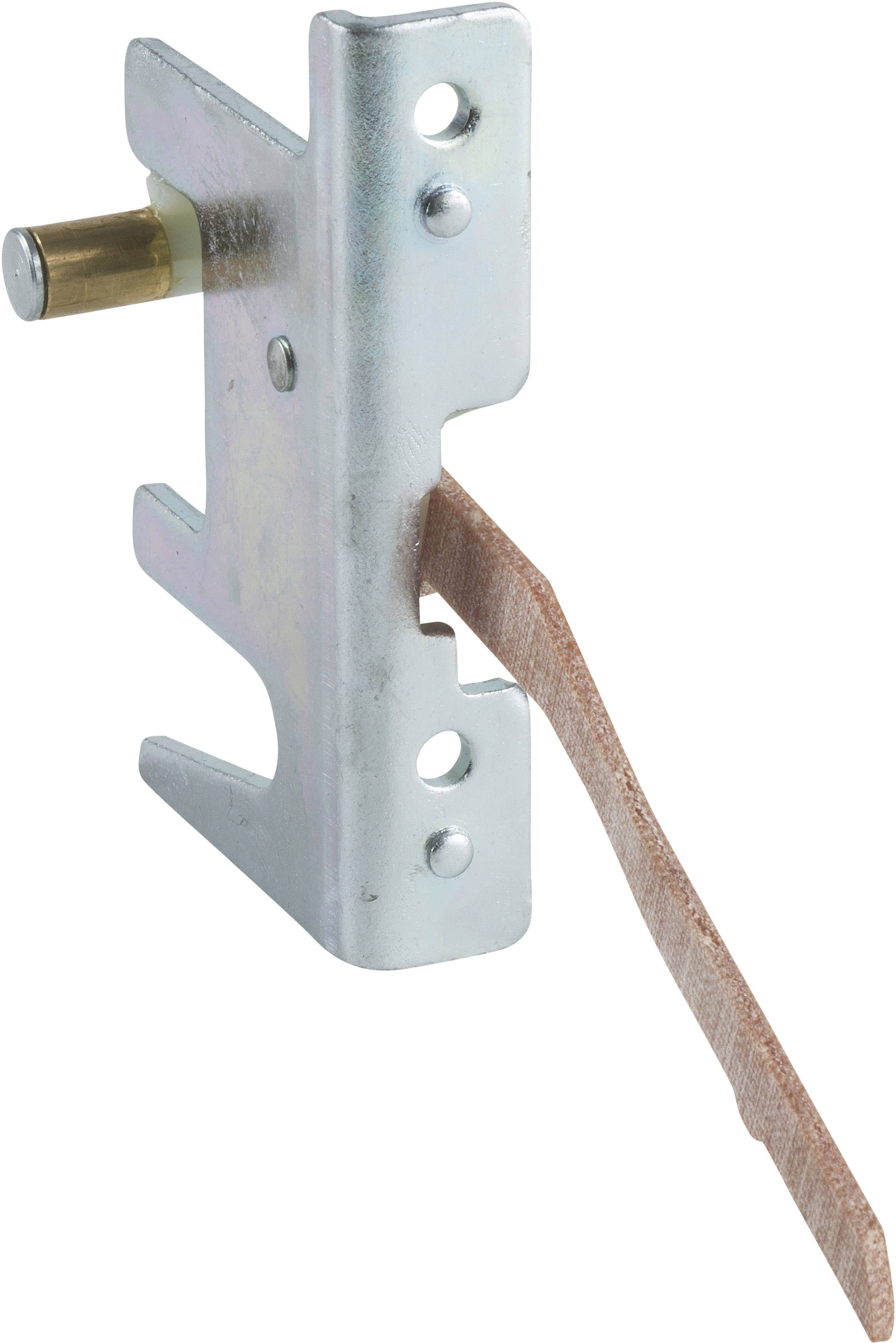 Een zilverkleurige metalen sluiting met een zijdelings mechanisme en een verlengd, dun houten strook aan de rechterkant.